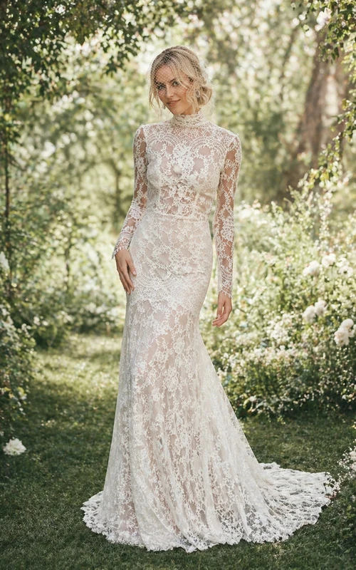 Robe de mariée vintage en dentelle transparente, dos nu, col montant, manches longues et traîne.