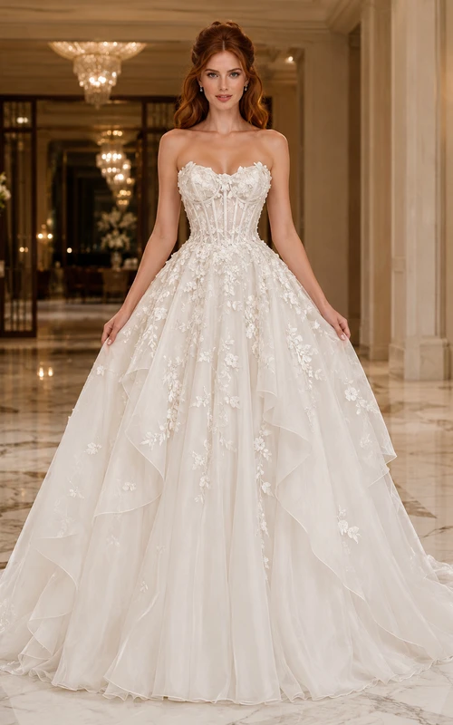 Trägerloses, herzförmiges Brautkleid mit floraler Spitze, Knopfleiste am Rücken und Stufenrock, Kapellenschleppe