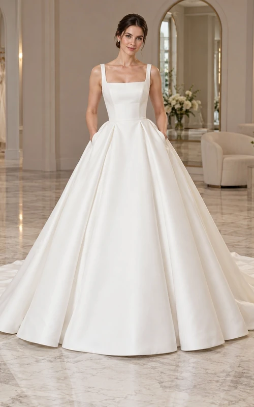 Simple Square Neck Sleeveless Pocket Satin Ball Gown Wedding Dress