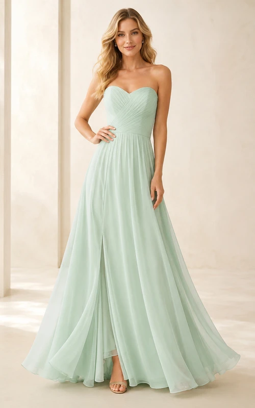 Grünes mintgrünes Chiffon-Abendkleid, trägerlos, bodenlang, mit Herzausschnitt