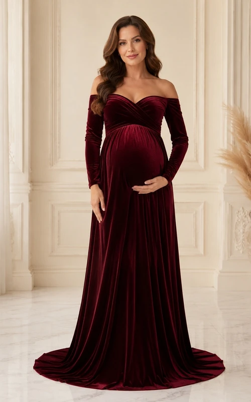 Maternity Burgundy Off Shoulder Long Sleeve Velvet Maxi Dress