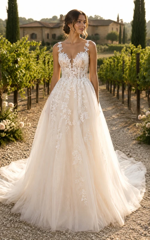 Romantic A-Line Lace Wedding Dress with Spaghetti Straps and Applique Train
