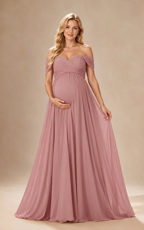 Dusty Rose Maternity Off-Shoulder A-Line Floor-Length Short-Sleeve Chiffon Romantic Evening Gown