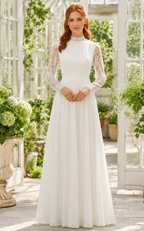 Robe de mariée champêtre modeste à col montant en dentelle illusion et manches longues, style jardin.