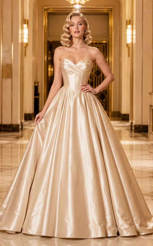 Champagne Vintage Strapless Sweetheart Pleated Satin Quinceanera Formal Princess Ball Gown