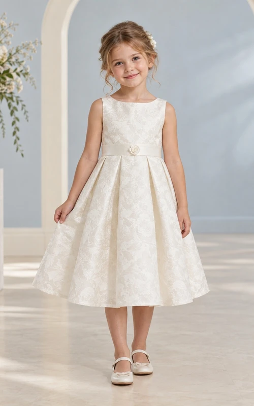 Tea-length Vintage Ivory A-line Floral Textured Sleeveless Bow-back Flower Girl Dress