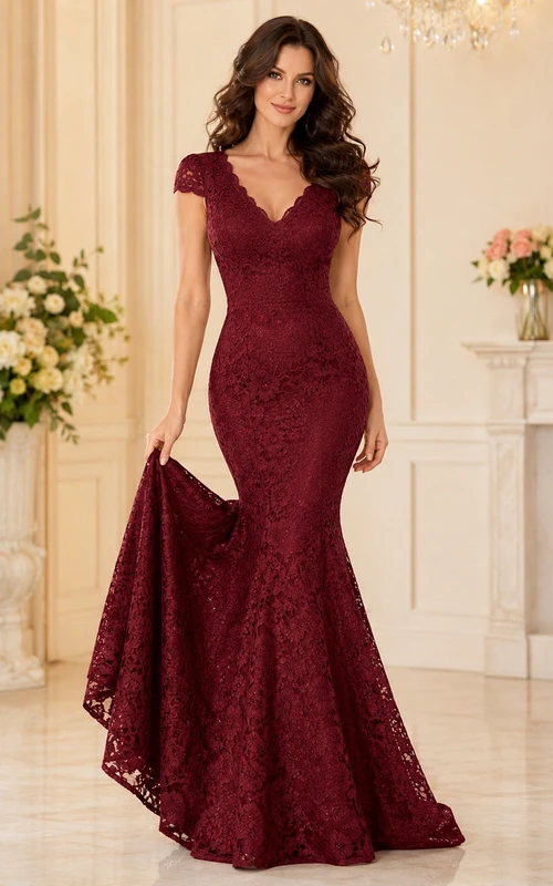 Burgundy Velvet V-Neck Cap-Sleeve Mermaid Sweep-Train Formal Dress