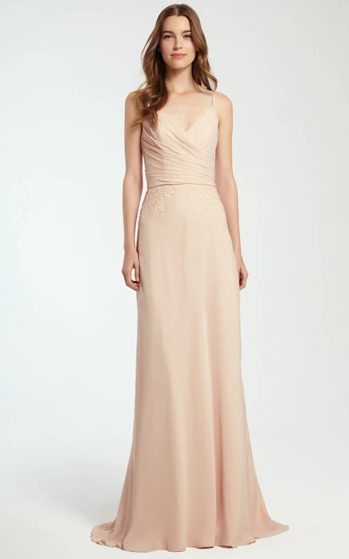 Robe de demoiselle d'honneur sans manches à bretelles spaghetti en mousseline froncée avec appliques