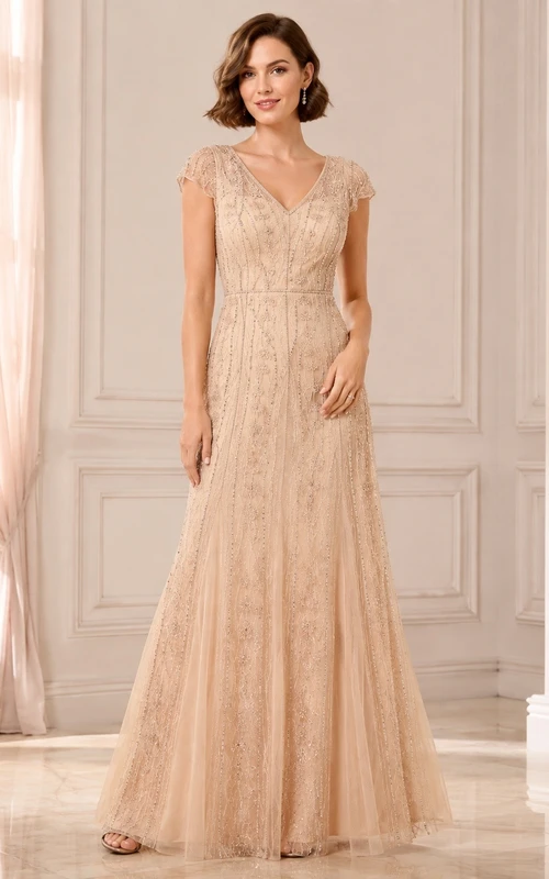 Luxury Champagne V-neck Sleeveless A-line Lace Formal Dress