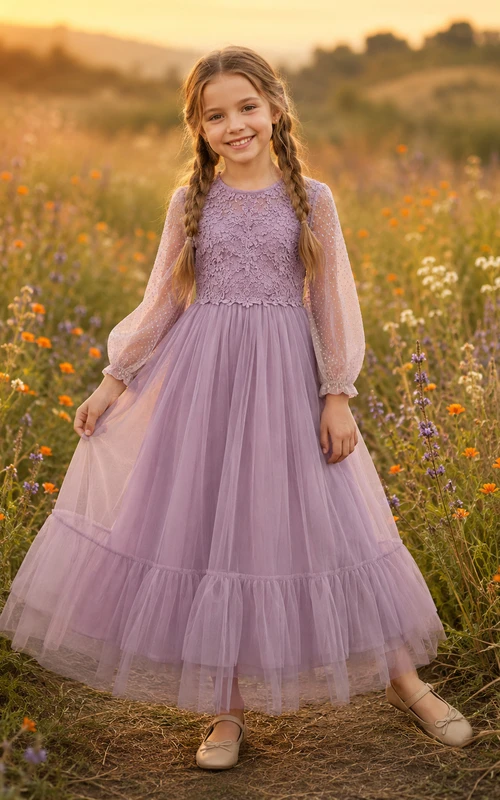 Lavendelfarbenes, langärmeliges Tüll-Blumenmädchenkleid