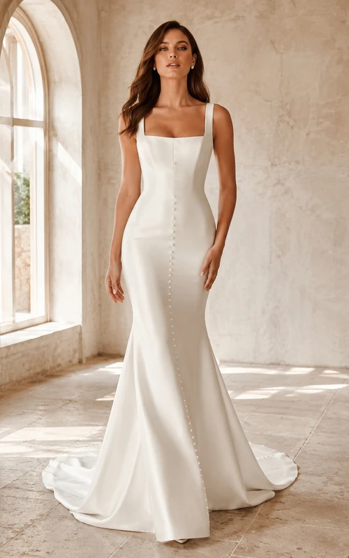Vestido de novia moderno de satén sin mangas con escote cuadrado y cola de capilla