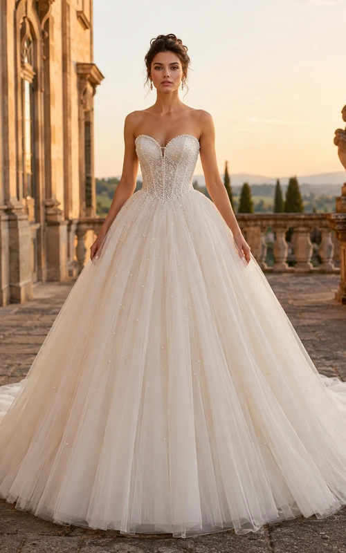 Robe de bal bustier en tulle ornée de perles, ornée d'un corset, pour un mariage de destination.