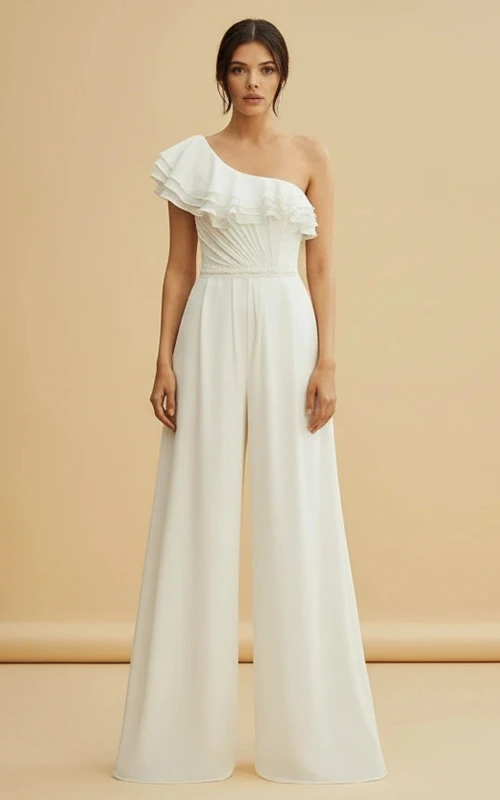 Mono de boda sin mangas, con volantes y un solo hombro, de pierna ancha.
