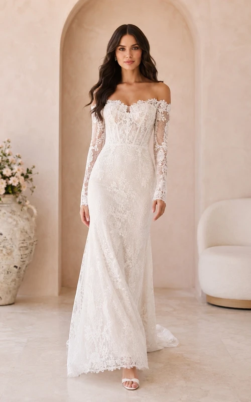 Vestido de novia largo hasta el suelo, estilo sirena, con mangas largas y hombros descubiertos, de encaje.
