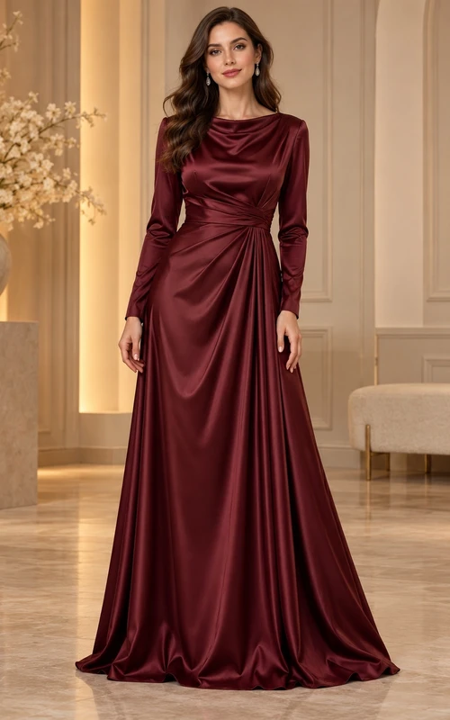 Robe de soirée sobre en satin drapé bordeaux à col bénitier et manches longues