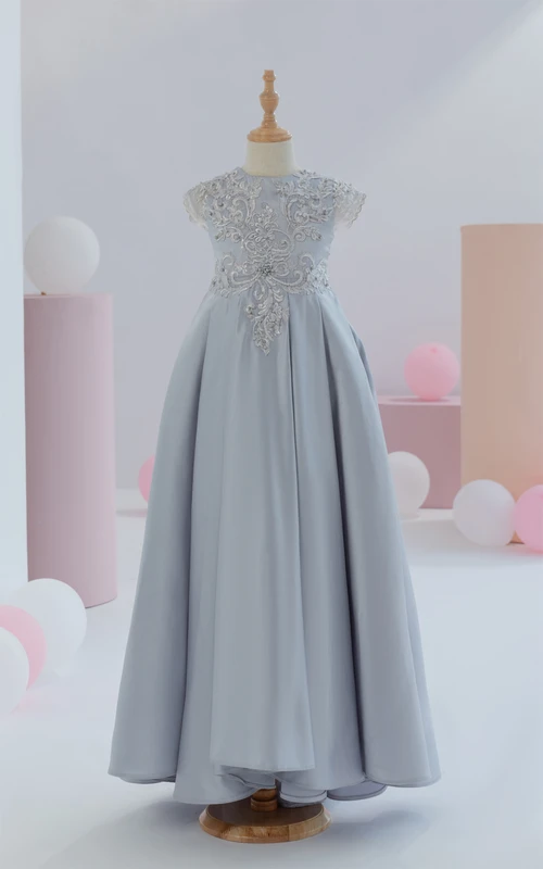 Scoop-neck Short-sleeve Satin Empire Ball Gown Flowergirl Dress with Appliques