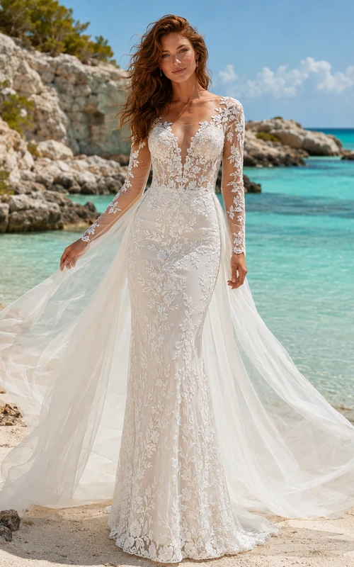 Robe de mariée sirène en dentelle à manches longues et jupe en tulle drapé avec traîne chapelle