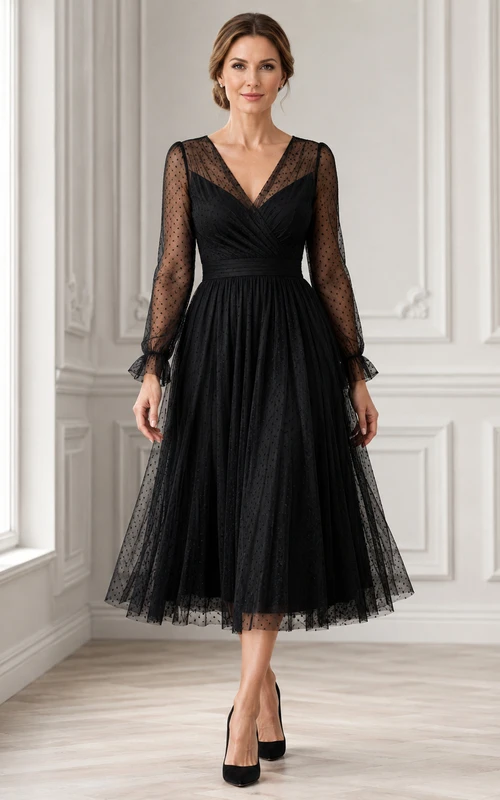Noir Reverie Black A-Line Tea-Length V-Neck Long-Sleeve Tulle Modest Cocktail Dress
