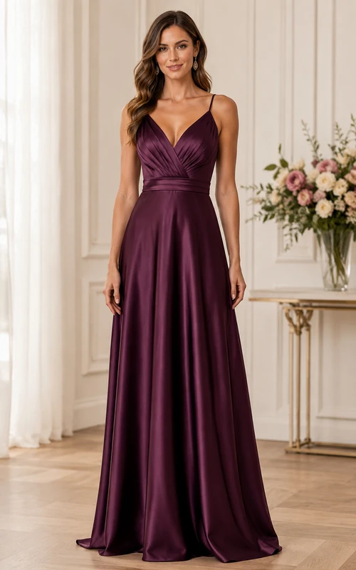 Plum Satin A-Line V-Neck Bridesmaid Dress with Spaghetti Straps