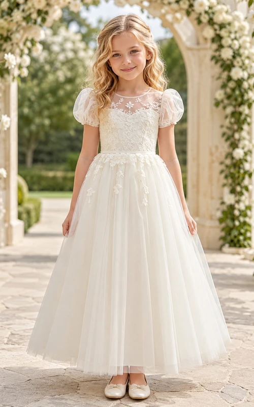 Flower Girl Dress Ivory Lace Tulle A-Line Jewel Neck Tea Length