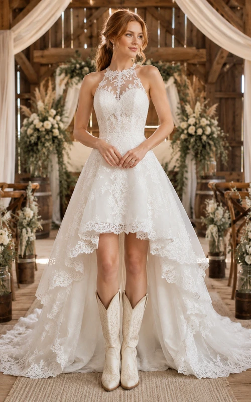 Western-Scheunenhochzeitskleid mit hohem Kragen, Spitze und asymmetrischem Saum