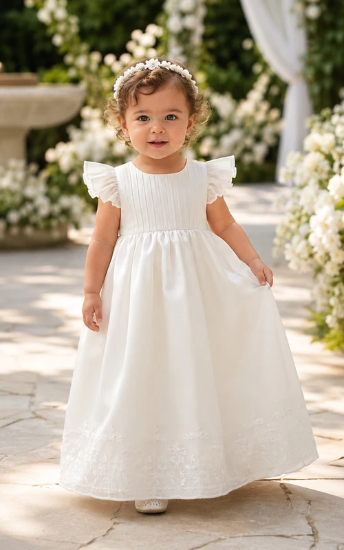 Vestido de satén sencillo con corpiño plisado para bautizo de bebé, corte en A y mangas cortas.
