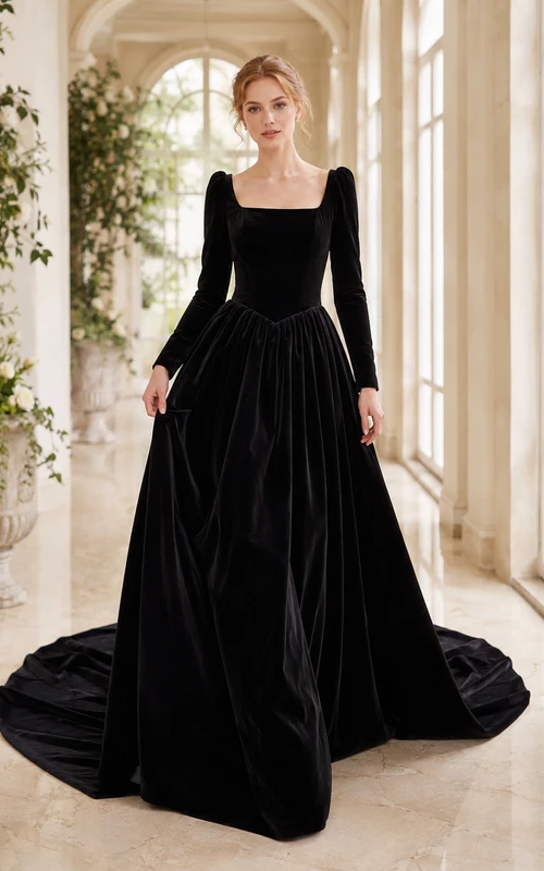 Robe de bal en velours noir à col carré et manches longues, style modeste, pour une mariée.