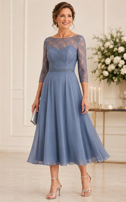 Robe de mère en dentelle bleu acier, longueur thé, coupe trapèze, ourlet bateau bleu acier, ourlet bijou.