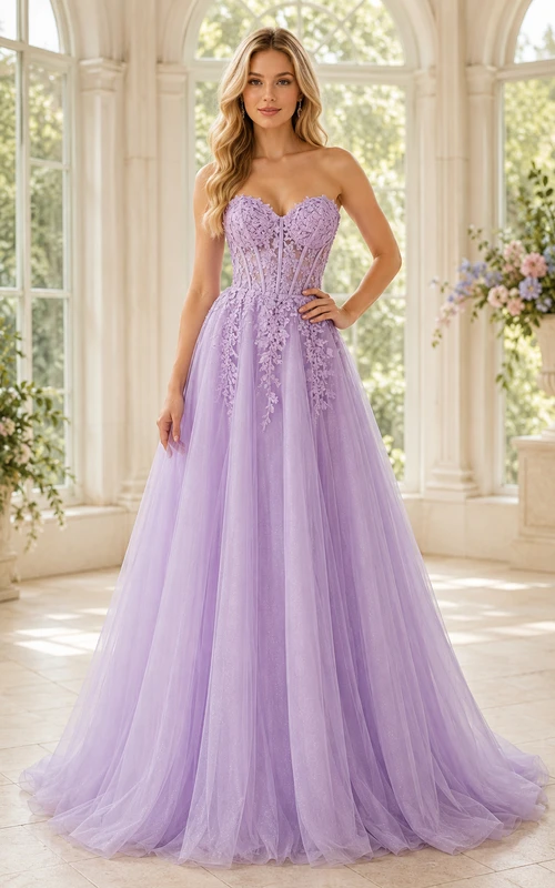Vestido de fiesta de corte A con apliques florales de tul color lavanda y corpiño con escote corazón.
