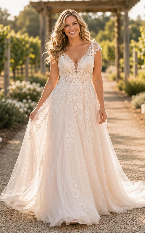 Vestido de novia romántico con escote en V, encaje y tul, corte en A, mangas cortas y cola larga.