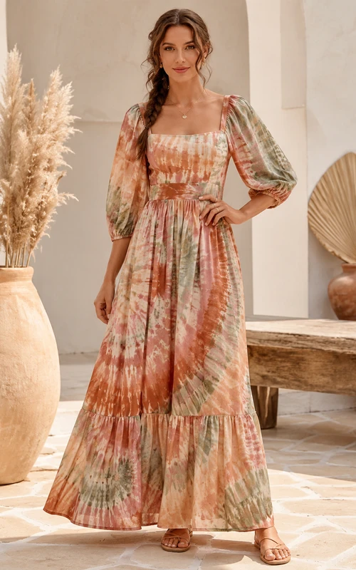 Vestido largo de invitada con escote cuadrado y volantes, estampado tie-dye en tonos tierra