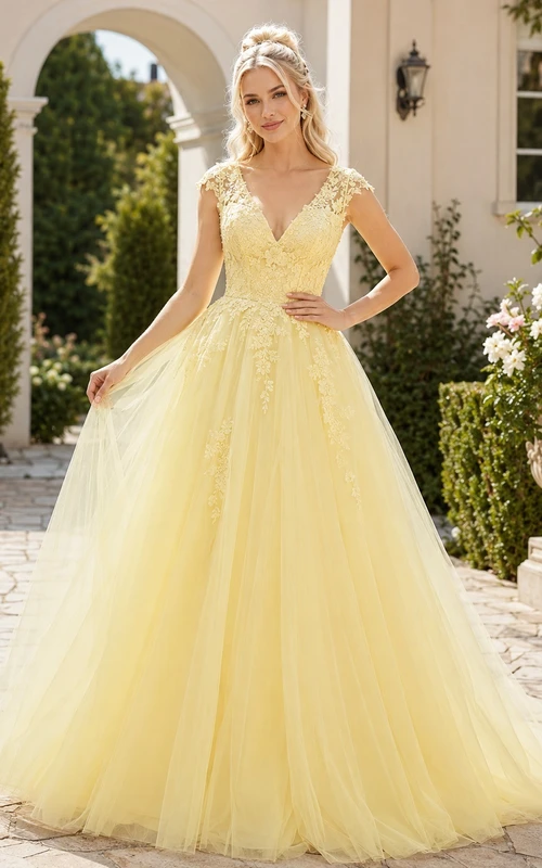 Daffodil V-Neck Lace Applique Tulle Ball Gown Floor-Length Formal Dress