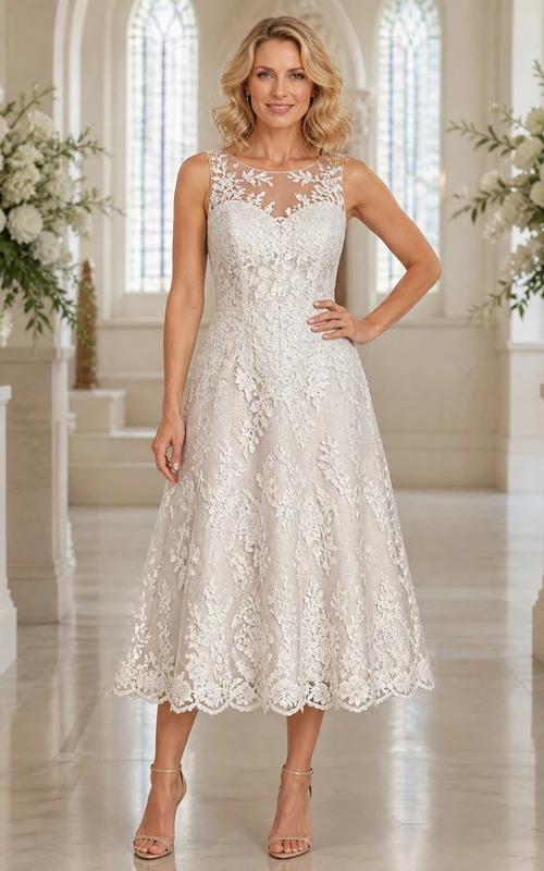 Teelanges, ärmelloses Brautkleid in A-Linie mit hohem Kragen, Muschelsaum und Spitze, elegantem Schnitt.