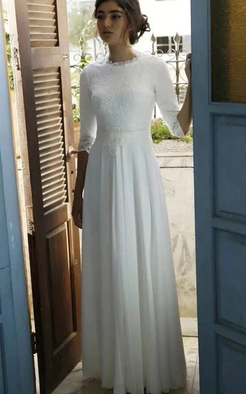 Schlichtes, halbärmeliges Empire-Hochzeitskleid aus Chiffon mit Rundhalsausschnitt und Spitzenoberteil
