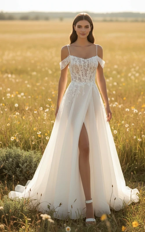 Transparentes Tüll-Brautkleid im A-Linien-Schnitt mit Korsettmuster, schulterfrei, hohem Schlitz und Boho-Stil