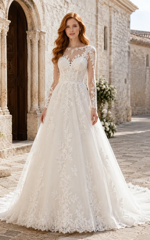 Klassisches langärmeliges Brautkleid aus Spitze in A-Linie mit Kapellenschleppe