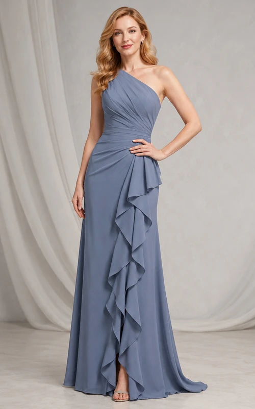 Stahlblaues, einseitig schulterfreies Abendkleid mit Wasserfall-Rüschen
