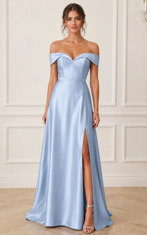 Robe de bal en satin à manches courtes, coupe trapèze, épaules dénudées et fente.