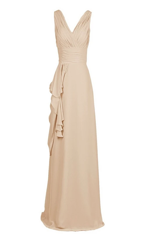 Ärmelloses Abendkleid mit V-Ausschnitt, Drapierung und V-Rücken