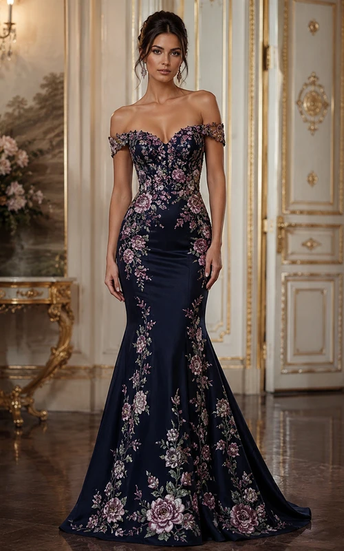 Mermaid Lace Prom Dress with Off-the-shoulder, Sleeveless and Embroidery Flower, Floor Length