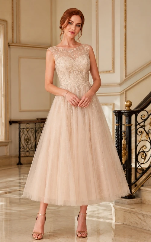 Romantic Petal Lace Tulle A-Line Tea-Length High Neck Sleeveless Formal Dress
