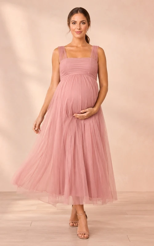 Blushing Pink Square Neck Sleeveless Empire Maternity Chiffon Tea-Length Dress