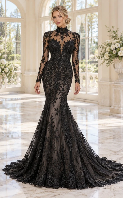 Black Mermaid Long Sleeve High Neck Floral Lace Wedding Dress
