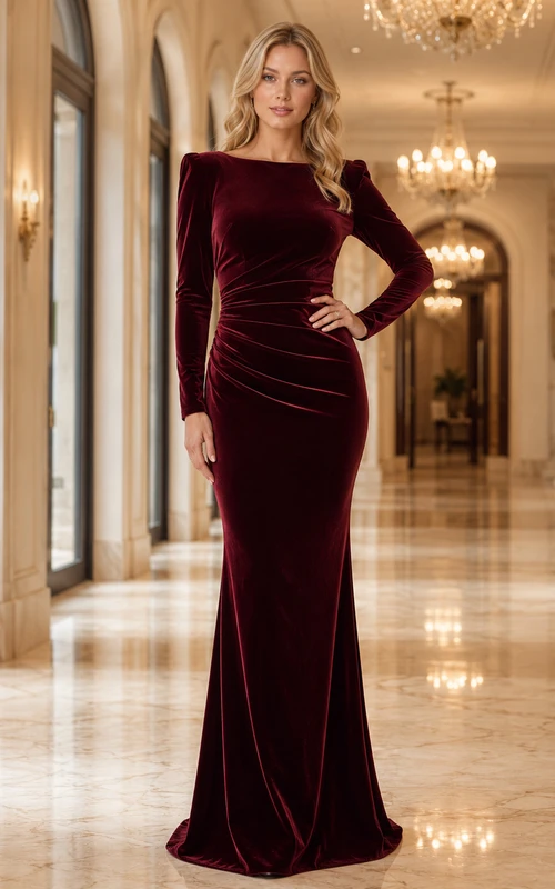 Burgundy Bateau Velvet Long Sleeve Evening Dress