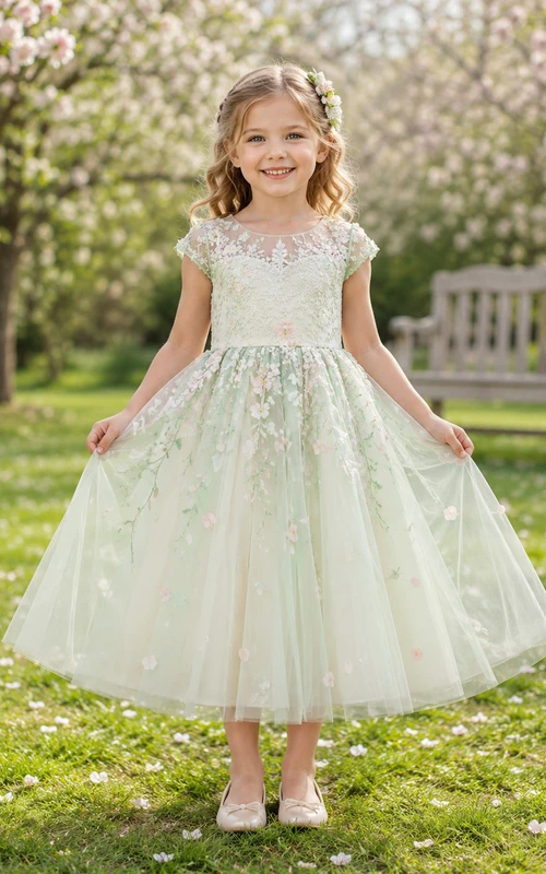 Blumenmädchenkleid, mintgrün, aus Spitze und Tüll, A-Linie, kurze Ärmel, Rundhalsausschnitt, wadenlang