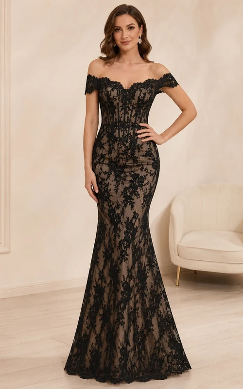 Black Evening Contour Mermaid/Trumpet Off-the-shoulder Lace Short Sleeve Floor-length Sexy Dress