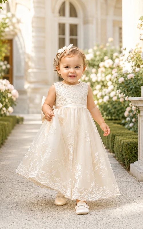 Baby Baptism Christening Ceremony Gown A-Line Tea-Length Jewel Neck Sleeveless Tulle Lace Bow Back Button Back