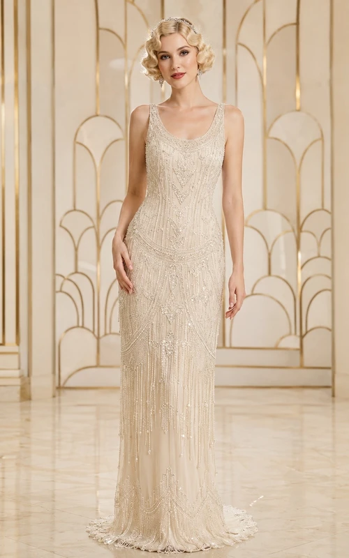 Vestido de novia vintage de lujo con escote cuadrado, lentejuelas y abalorios color champán.