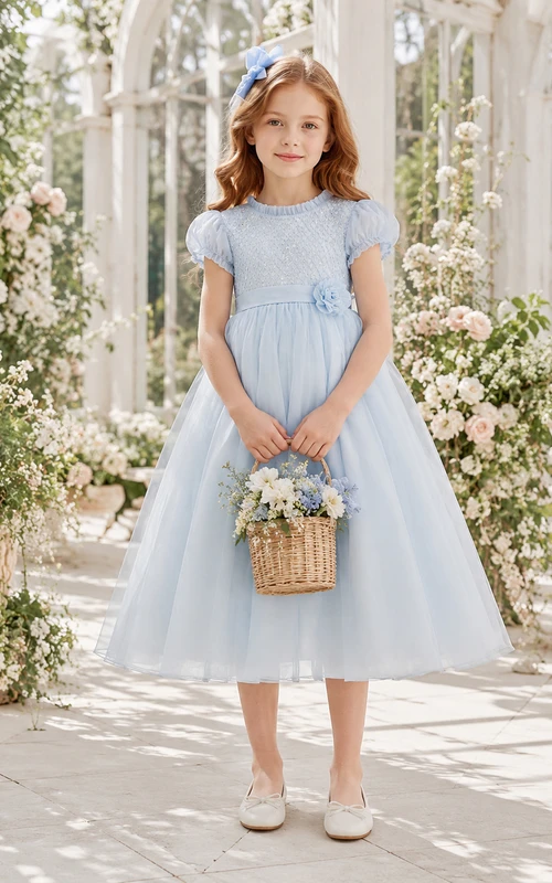 Flower Girl Dress Sky Blue Tulle A-Line Jewel Neck Tea Length Bow Back
