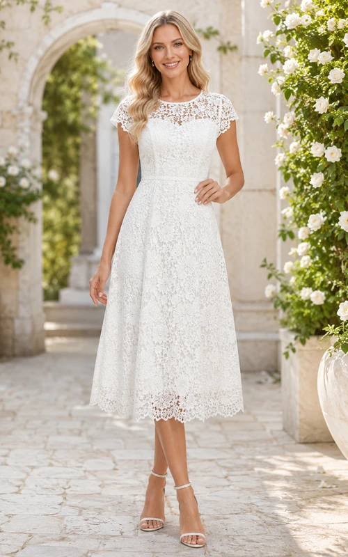 Vestido de novia corto de encaje, corte A, largo midi, cuello alto, estilo vintage, con mangas cortas, ideal para renovación de votos.